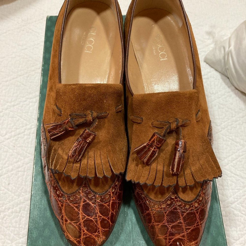 Gucci Alligator/Suede Slip-on Walking Shoe 7.5B Brown